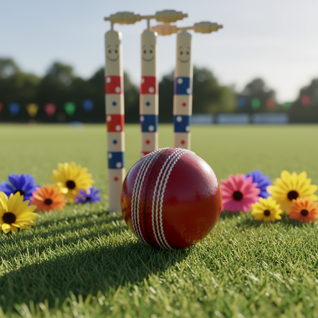 A glossy red and white cricket ball with perfect seam stitches, nestled atop a bright green, immaculately trimmed cricket pitch. Surrounding the ball are cheerful wooden stumps set in a playful, whimsical configuration, with scattered vibrant wildflowers dotting the lush grass. The daylight is brilliant, casting crisp shadows and creating radiant highlights on the ball’s surface, emphasizing its smooth texture. The camera is positioned at a low, close-up angle to make the ball and stumps the hero of the composition, with a bright, energetic atmosphere and shallow depth of field blurring the background. The overall photographic style is vivid and playful, matching the club’s friendly personality.