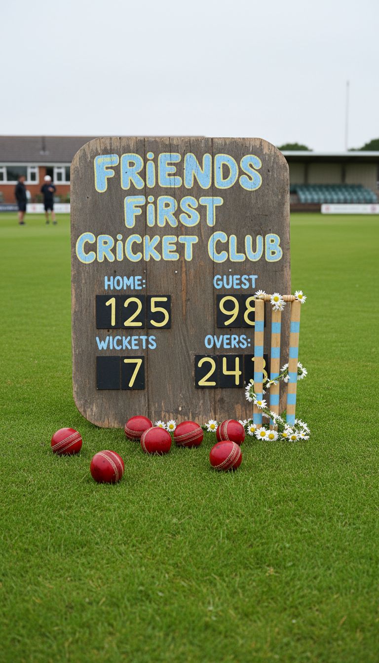 A weathered wooden club scoreboard with rounded, hand-painted edges in bubbly blue and yellow, displayed prominently on the grassy outfield of a cricket ground. Around it, a cluster of shiny cricket balls and stumps rests atop the vivid grass, accented with playful daisy chains. The entire setup is bathed in soft, overcast light, minimizing harsh shadows while adding lush color saturation and a sense of abundant energy. The camera captures the scene from an eye-level composition, presenting the elements with sharp detail and energizing, whimsical charm. The mood is outgoing and boisterous, in line with a club that prizes fun and friendship over competitive seriousness.