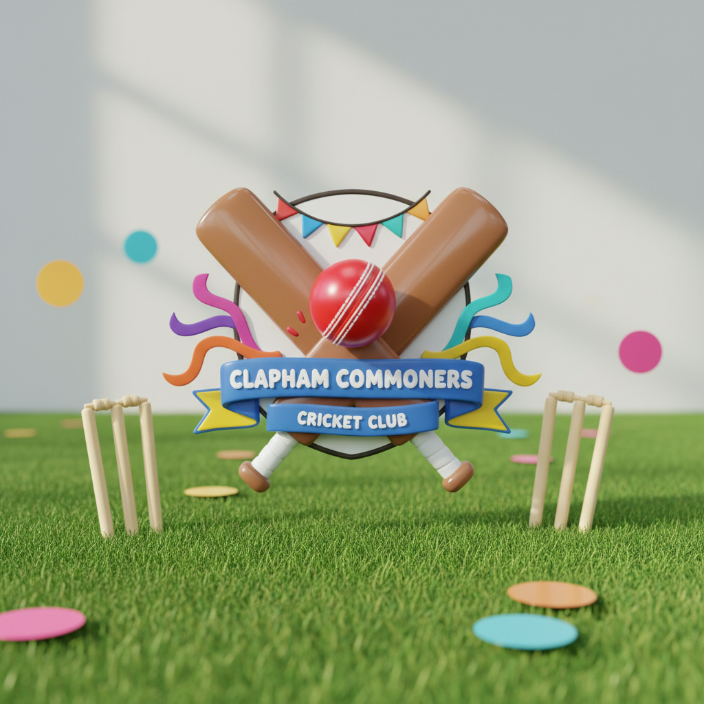 A charming, whimsical cricket club crest made up of stylized, rounded cartoon elements: two glossy cricket bats crossed over a bright, bouncing cricket ball, all adorned with ribbons and bunting in vivid, contrasting colors. The crest is depicted resting on an artificial grass mat, surrounded by a scattering of miniature wickets and oversized confetti. Studio lighting creates clean, vibrant highlights and soft, controlled shadows, emphasizing the playful textures and shapes. The composition is centered and bold, with a crisp, photographic finish. The overall mood is exuberant and lighthearted, reflecting the fun, unifying identity of the Clapham Commoners Cricket Club.